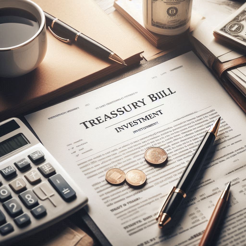 Desk with Calculator, Pens, Coffee Cup, Paper saying Treasury Bill Investment